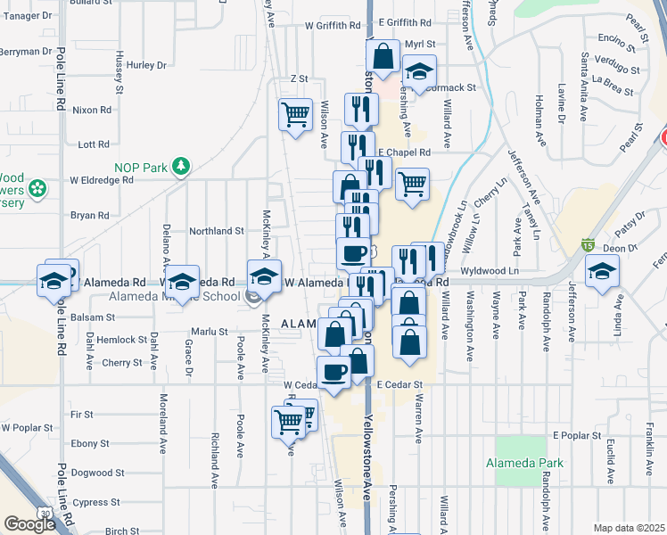 map of restaurants, bars, coffee shops, grocery stores, and more near 945-961 Wilson Avenue in Pocatello