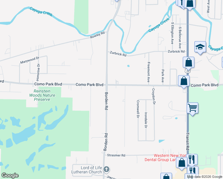 map of restaurants, bars, coffee shops, grocery stores, and more near 1409 Borden Road in Depew