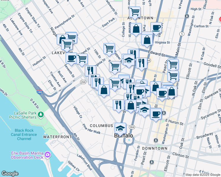 map of restaurants, bars, coffee shops, grocery stores, and more near 41 Whitney Place in Buffalo
