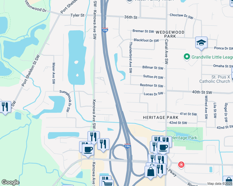 map of restaurants, bars, coffee shops, grocery stores, and more near 7375 Gerald R. Ford Freeway in Grandville