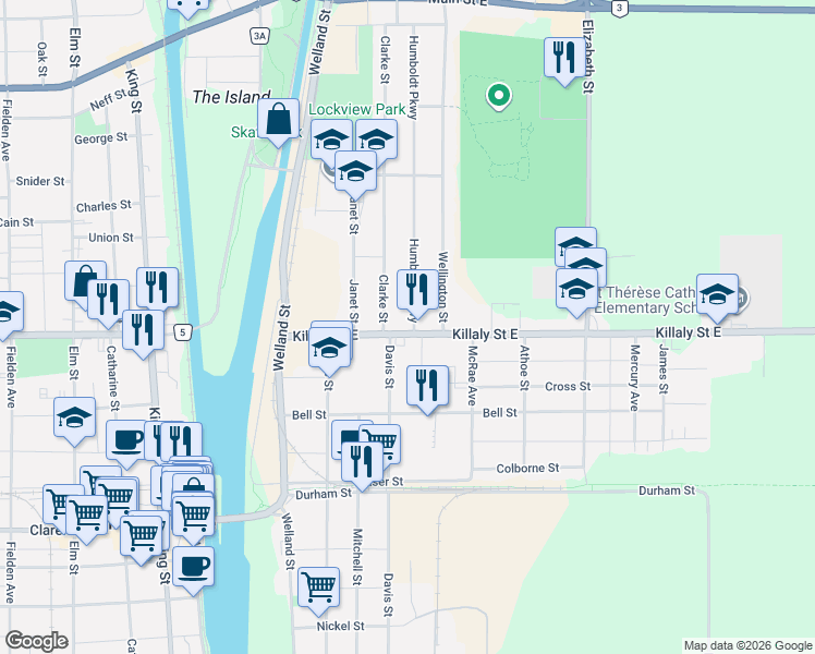 map of restaurants, bars, coffee shops, grocery stores, and more near 27 Clarke Street in Port Colborne