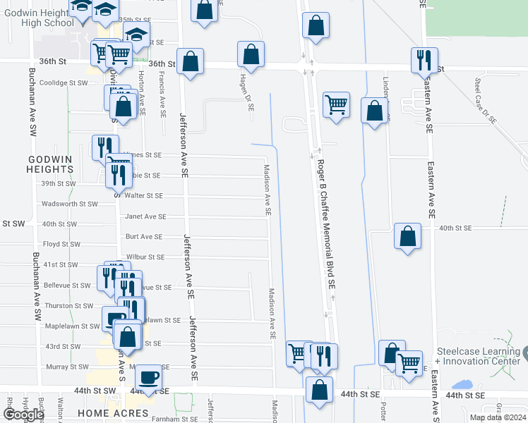 map of restaurants, bars, coffee shops, grocery stores, and more near 3955 Madison Avenue Southeast in Grand Rapids