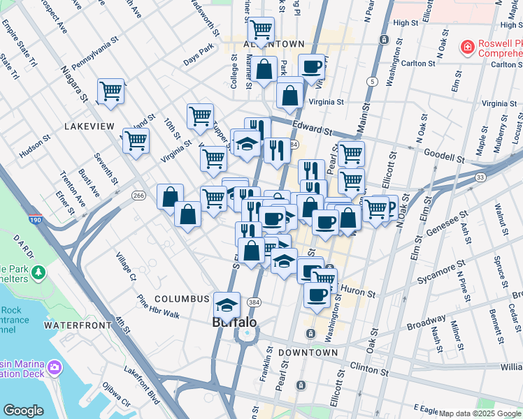 map of restaurants, bars, coffee shops, grocery stores, and more near 31 Johnson Park in Buffalo