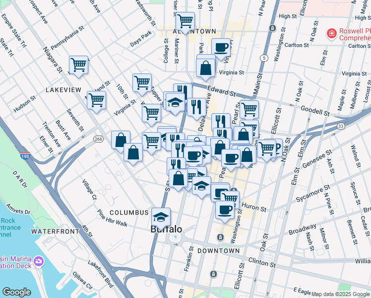 map of restaurants, bars, coffee shops, grocery stores, and more near 31 Johnson Park in Buffalo