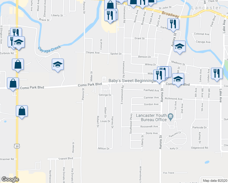 map of restaurants, bars, coffee shops, grocery stores, and more near 2 Harvey Drive in Lancaster