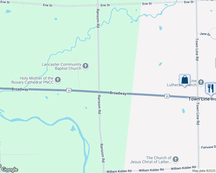 map of restaurants, bars, coffee shops, grocery stores, and more near 6388 Broadway in Lancaster