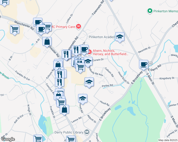 map of restaurants, bars, coffee shops, grocery stores, and more near 11 Peabody Road in Derry