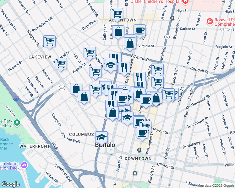 map of restaurants, bars, coffee shops, grocery stores, and more near 31 Johnson Park in Buffalo