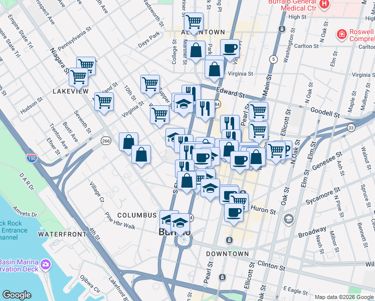 map of restaurants, bars, coffee shops, grocery stores, and more near 31 Johnson Park in Buffalo