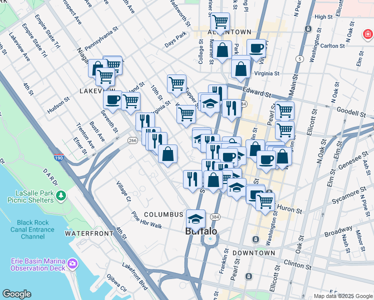 map of restaurants, bars, coffee shops, grocery stores, and more near 41 Whitney Place in Buffalo