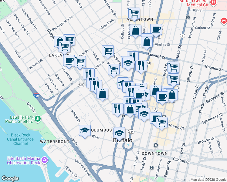 map of restaurants, bars, coffee shops, grocery stores, and more near 41 Whitney Place in Buffalo