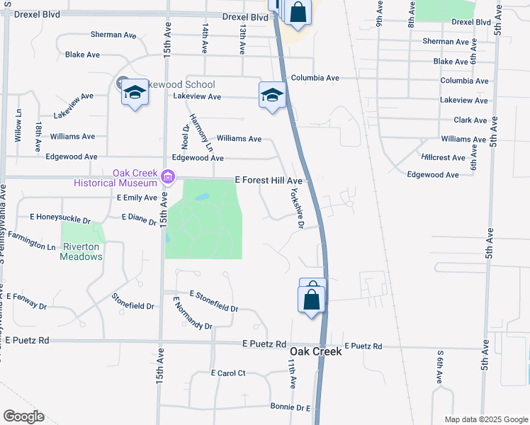 map of restaurants, bars, coffee shops, grocery stores, and more near 8342 Newbury Drive in Oak Creek