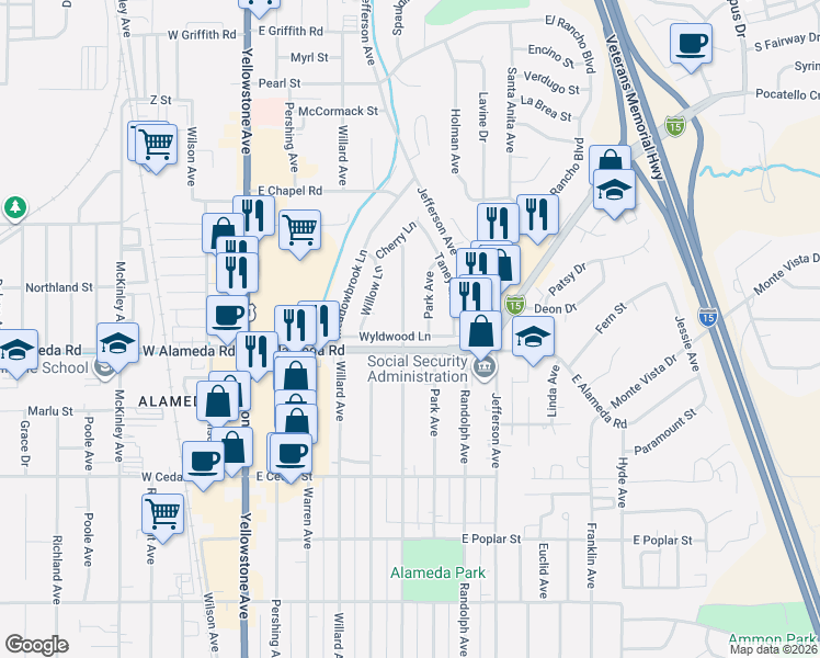 map of restaurants, bars, coffee shops, grocery stores, and more near 931 Park Avenue in Pocatello