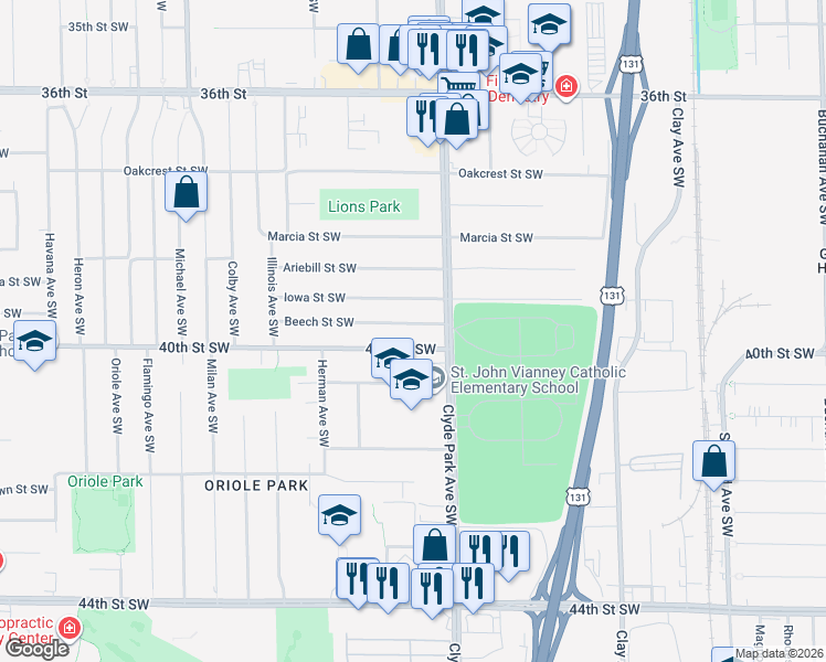 map of restaurants, bars, coffee shops, grocery stores, and more near 831 Beech Street Southwest in Wyoming
