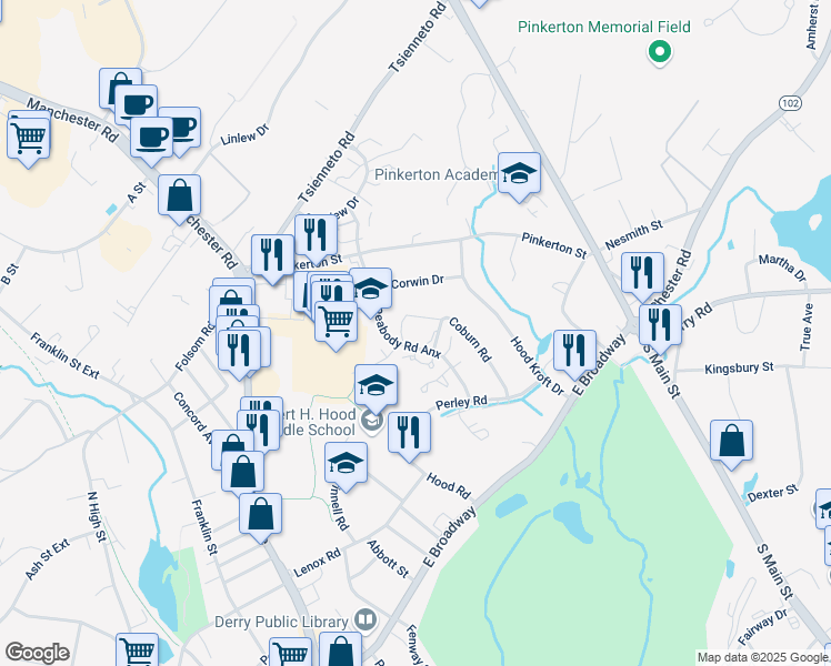 map of restaurants, bars, coffee shops, grocery stores, and more near 8 Peabody Road in Derry