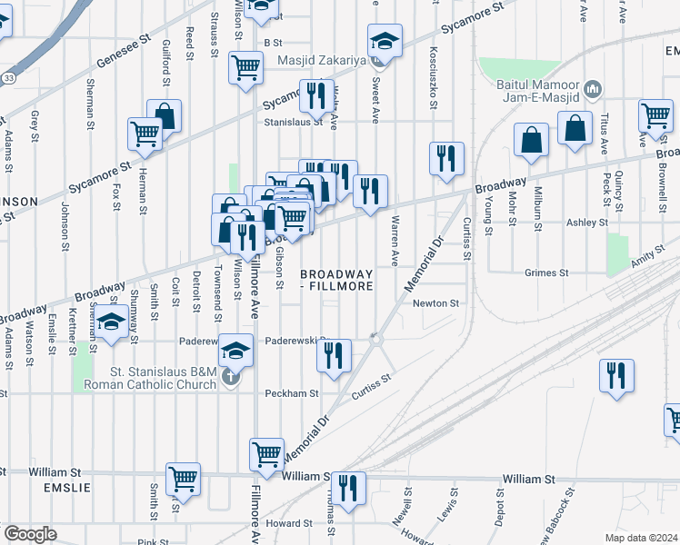 map of restaurants, bars, coffee shops, grocery stores, and more near 22 Kent Street in Buffalo