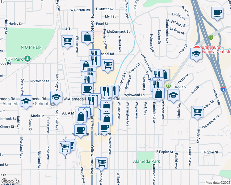 map of restaurants, bars, coffee shops, grocery stores, and more near 958 Meadowbrook Lane in Pocatello
