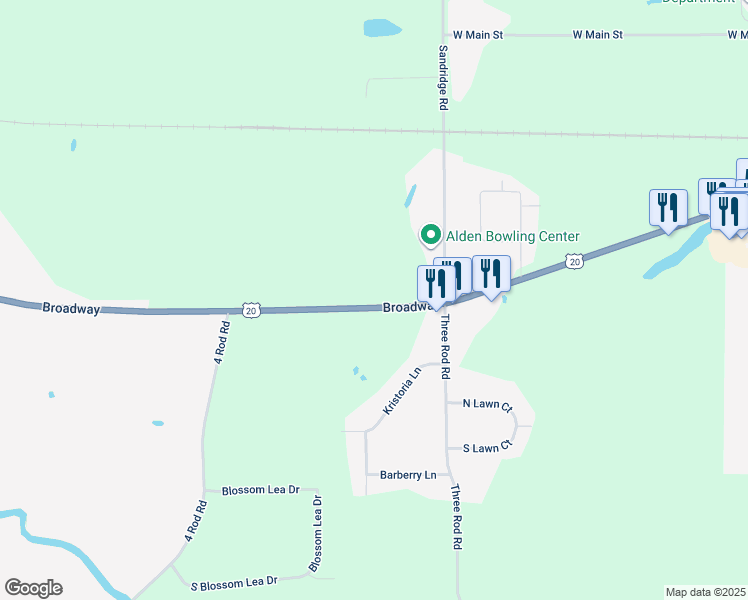 map of restaurants, bars, coffee shops, grocery stores, and more near 12366 Broadway in Alden