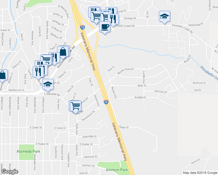 map of restaurants, bars, coffee shops, grocery stores, and more near 947 Renee Avenue in Pocatello