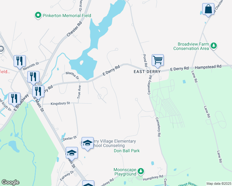 map of restaurants, bars, coffee shops, grocery stores, and more near 18 Schurman Drive in Derry