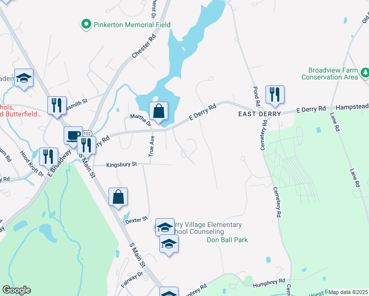 map of restaurants, bars, coffee shops, grocery stores, and more near 5a Pine Isle Drive in Derry