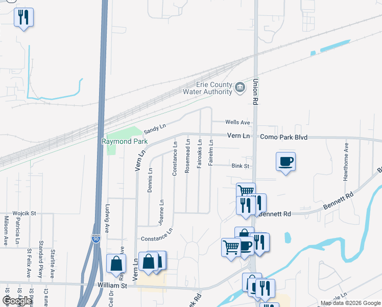 map of restaurants, bars, coffee shops, grocery stores, and more near 9 Rosemead Lane in Cheektowaga