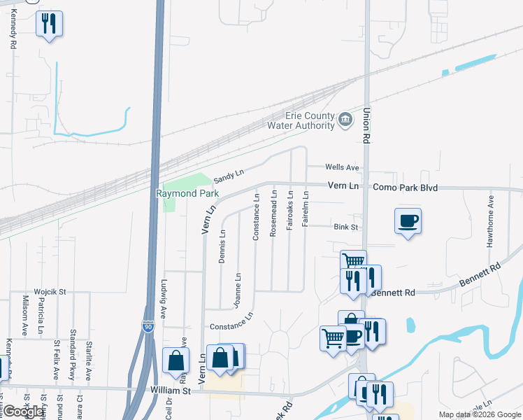map of restaurants, bars, coffee shops, grocery stores, and more near 9 Rosemead Lane in Cheektowaga
