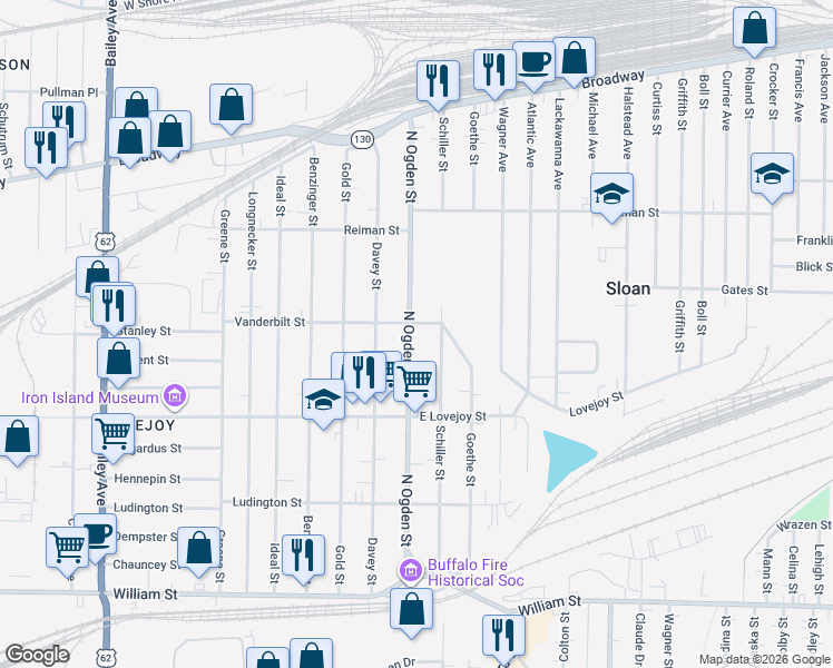 map of restaurants, bars, coffee shops, grocery stores, and more near 278 North Ogden Street in Buffalo