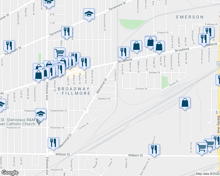 map of restaurants, bars, coffee shops, grocery stores, and more near 392 Curtiss Street in Buffalo