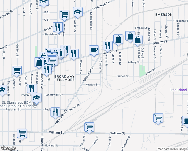 map of restaurants, bars, coffee shops, grocery stores, and more near 2 Geneva Street in Buffalo