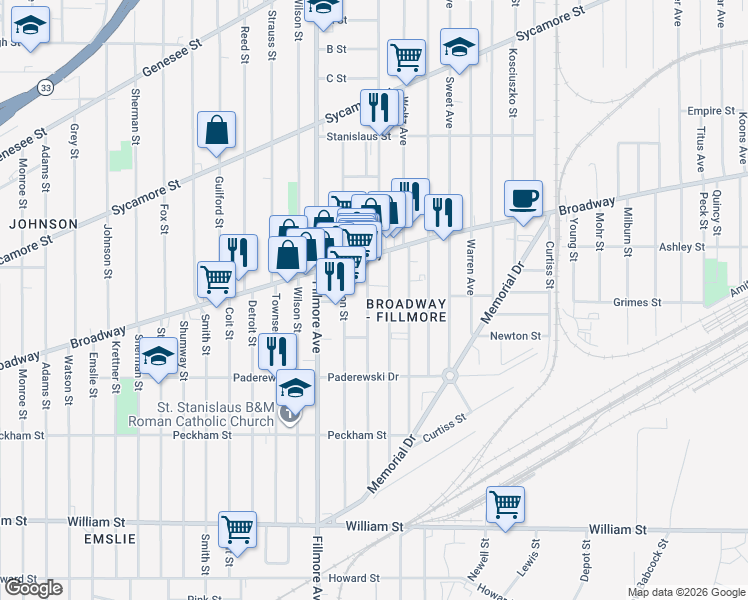 map of restaurants, bars, coffee shops, grocery stores, and more near 237 Lombard Street in Buffalo