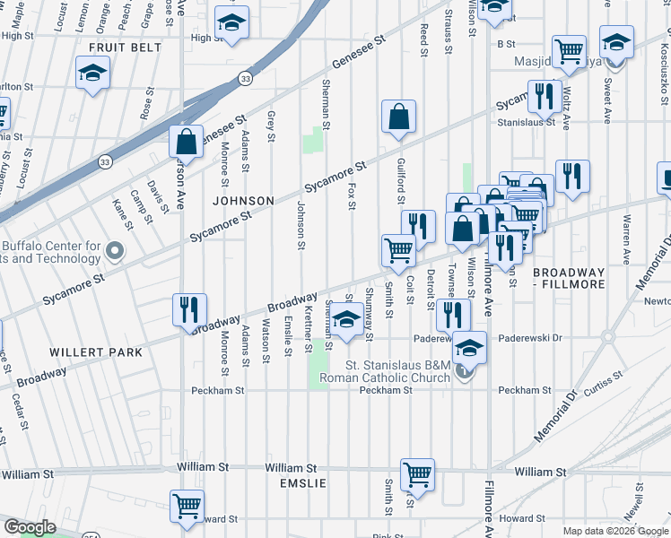 map of restaurants, bars, coffee shops, grocery stores, and more near 34 Fox Street in Buffalo