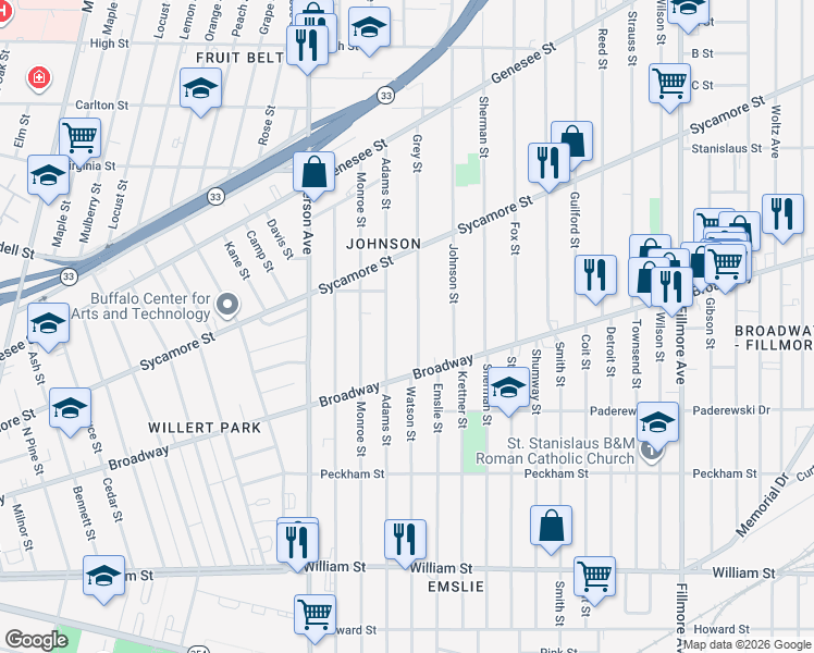 map of restaurants, bars, coffee shops, grocery stores, and more near 455 Adams Street in Buffalo