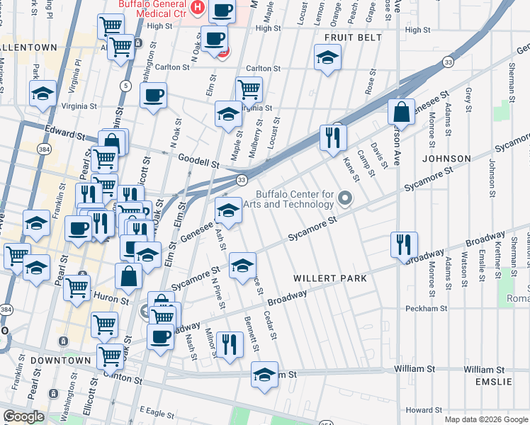 map of restaurants, bars, coffee shops, grocery stores, and more near 335 Genesee Street in Buffalo