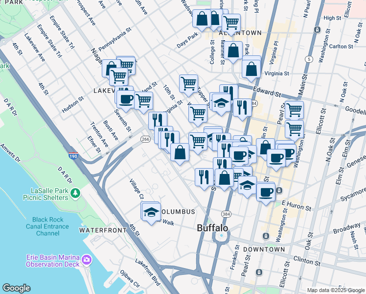 map of restaurants, bars, coffee shops, grocery stores, and more near 111 Prospect Avenue in Buffalo