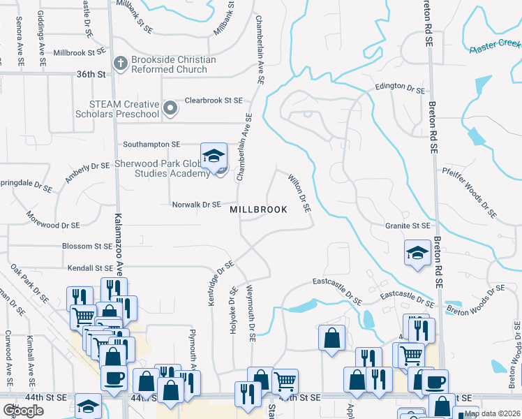 map of restaurants, bars, coffee shops, grocery stores, and more near 3918 Kingsway Court Southeast in Grand Rapids