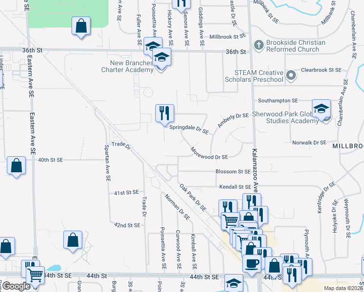 map of restaurants, bars, coffee shops, grocery stores, and more near 3931 Winewood Court Southeast in Grand Rapids