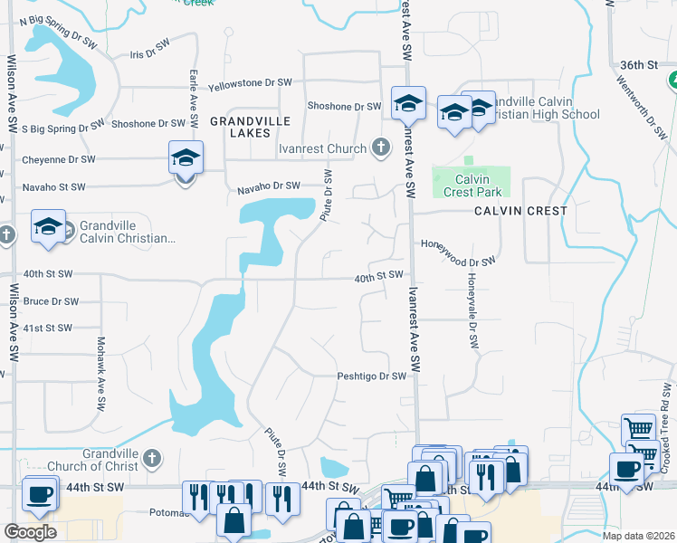map of restaurants, bars, coffee shops, grocery stores, and more near 3970 Sante Fe Court Southwest in Grandville