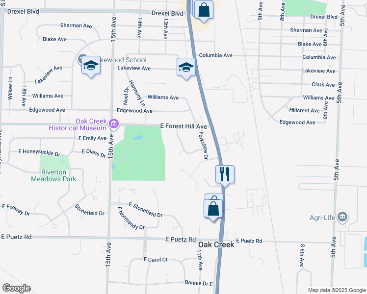 map of restaurants, bars, coffee shops, grocery stores, and more near 8342 Newbury Drive in Oak Creek
