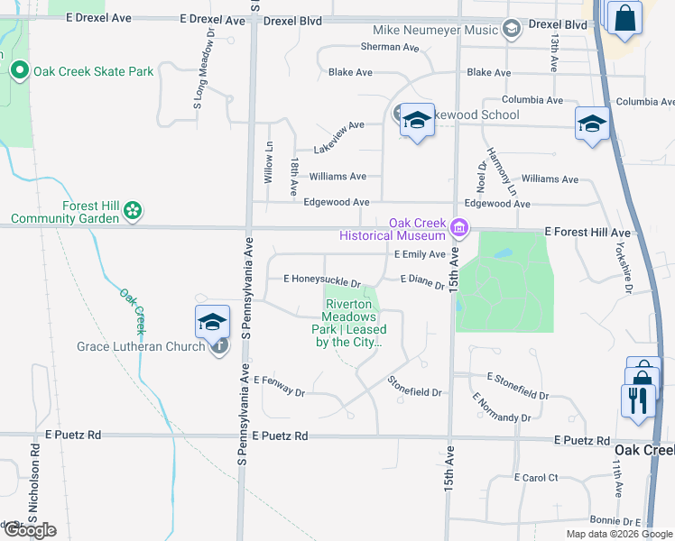 map of restaurants, bars, coffee shops, grocery stores, and more near 2725 East Emily Avenue in Oak Creek