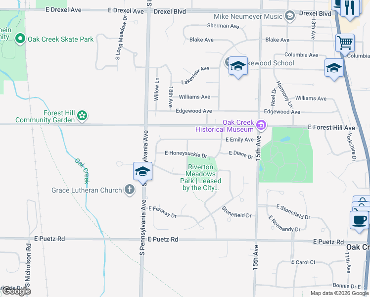 map of restaurants, bars, coffee shops, grocery stores, and more near 2615 East Emily Avenue in Oak Creek