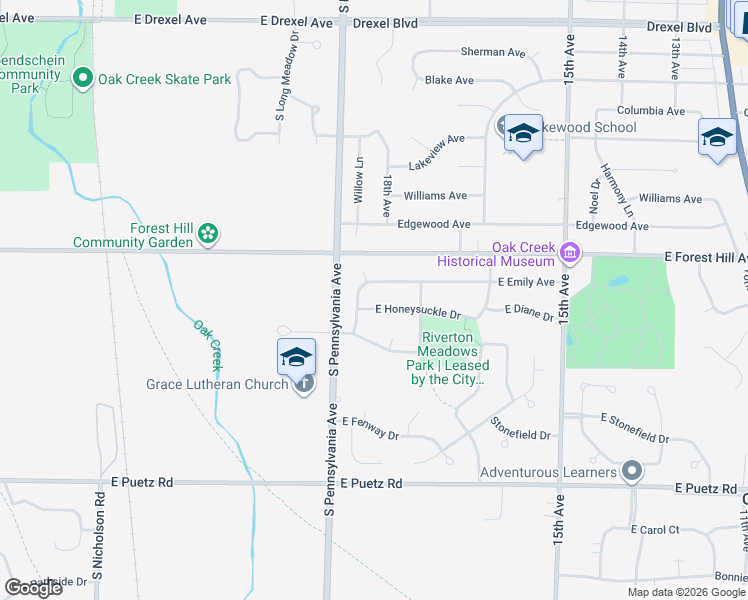 map of restaurants, bars, coffee shops, grocery stores, and more near 2515 East Emily Avenue in Oak Creek