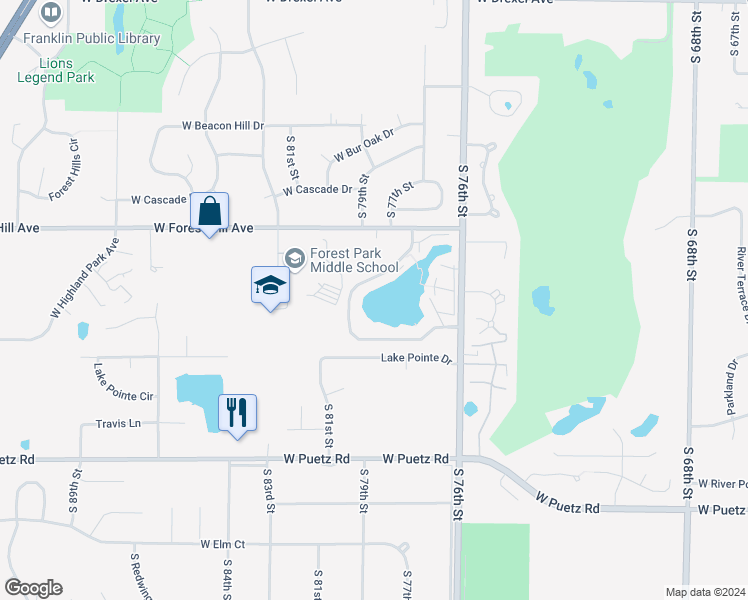 map of restaurants, bars, coffee shops, grocery stores, and more near 8384 Tuckaway Shores Drive in Franklin