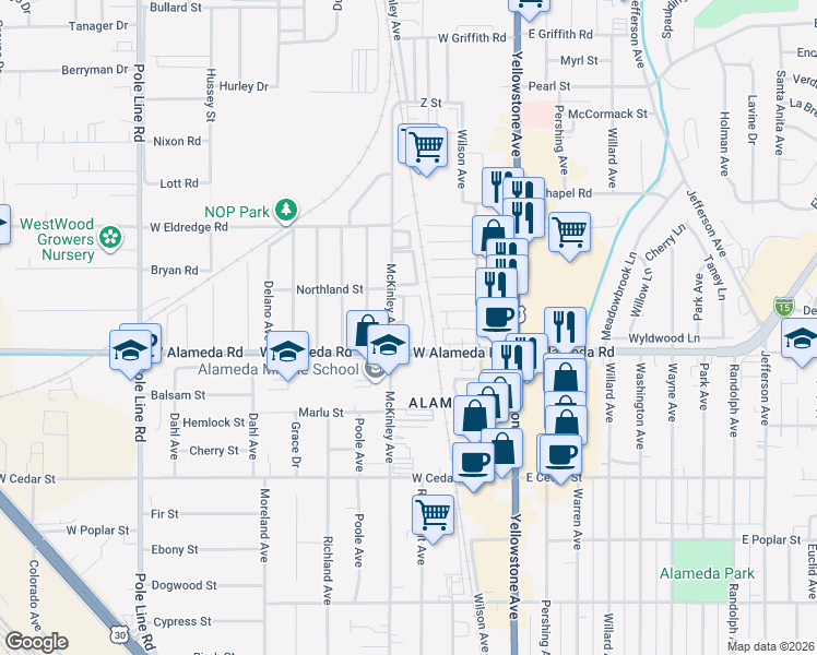 map of restaurants, bars, coffee shops, grocery stores, and more near 972 McKinley Avenue in Pocatello