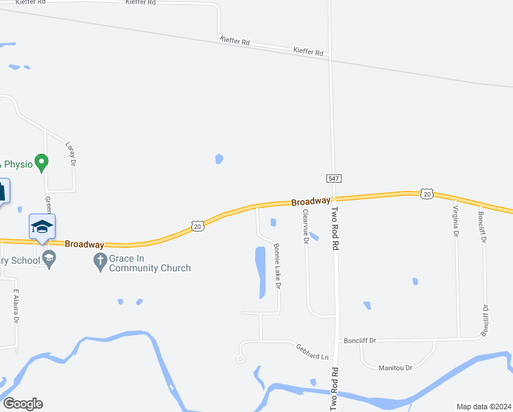 map of restaurants, bars, coffee shops, grocery stores, and more near Broadway & Bonnie Lake Drive in Alden