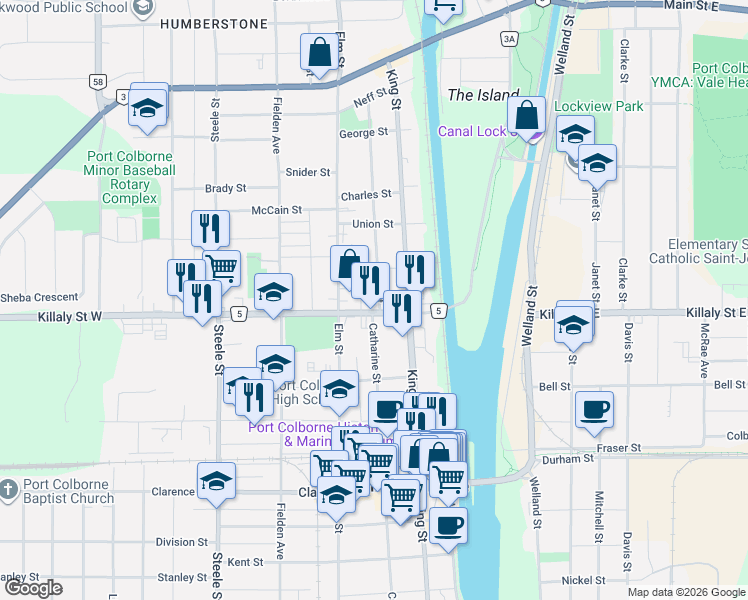 map of restaurants, bars, coffee shops, grocery stores, and more near 20 Erie Street in Port Colborne