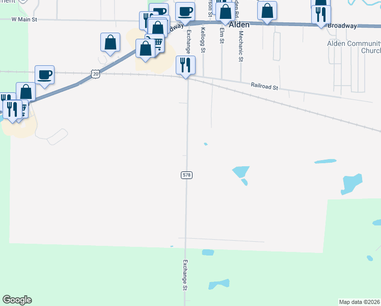 map of restaurants, bars, coffee shops, grocery stores, and more near 1146 Exchange Street in Alden