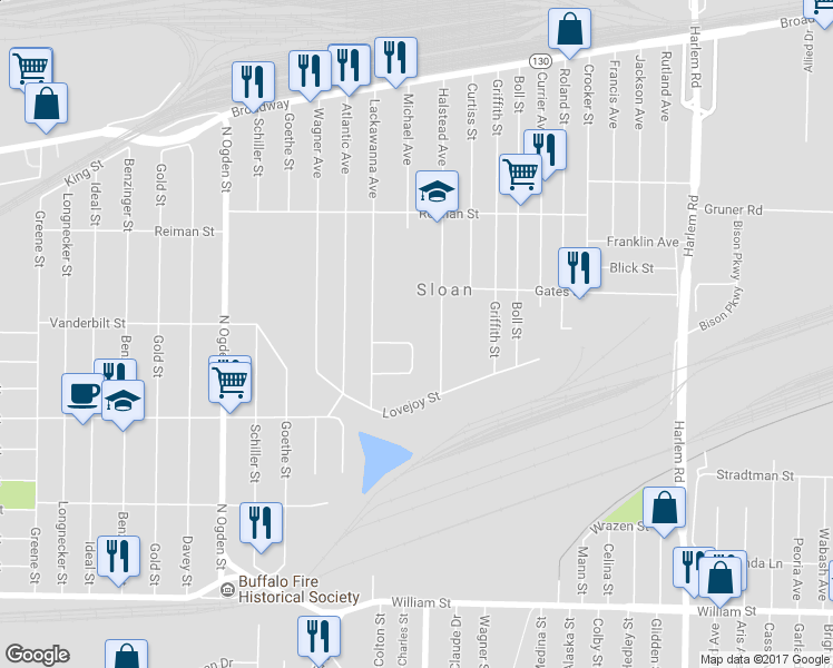 map of restaurants, bars, coffee shops, grocery stores, and more near 23 Village Lane in Buffalo