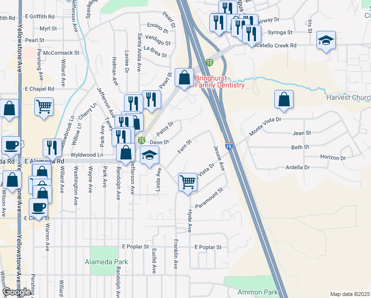 map of restaurants, bars, coffee shops, grocery stores, and more near 1167 Fern Street in Pocatello