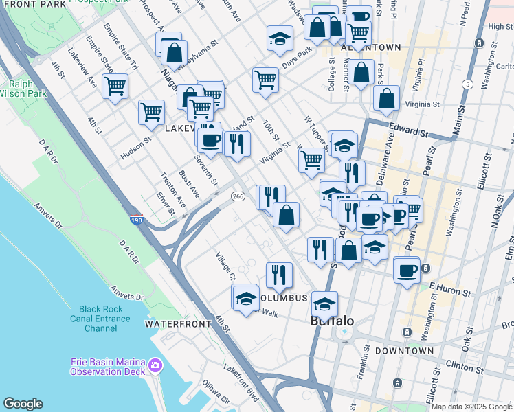 map of restaurants, bars, coffee shops, grocery stores, and more near 290 Niagara Street in Buffalo